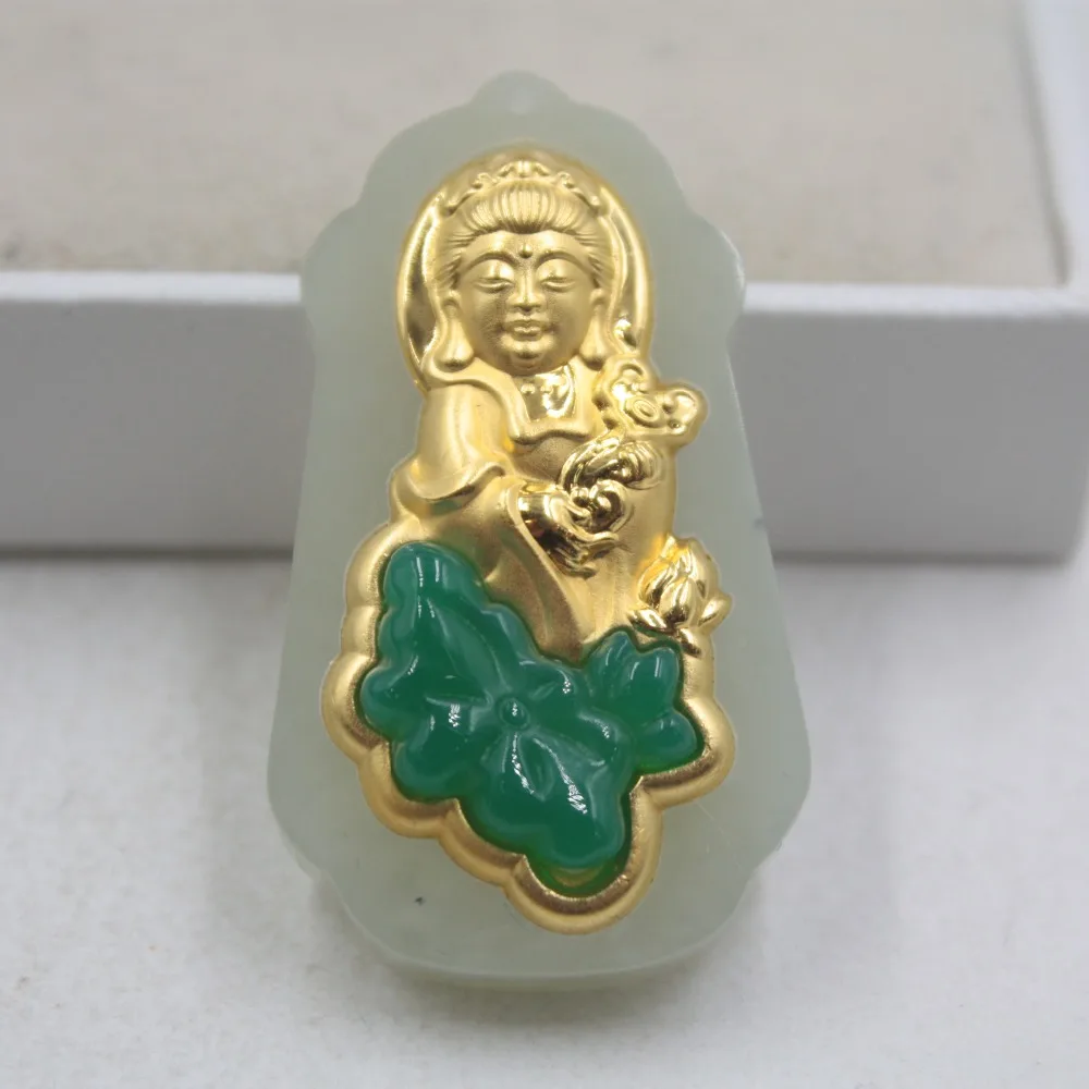 

Certificate Fine 24K Yellow Gold &Hetian Jade Pendant Perfect Kwan-yin Green Leaf 41*23mm