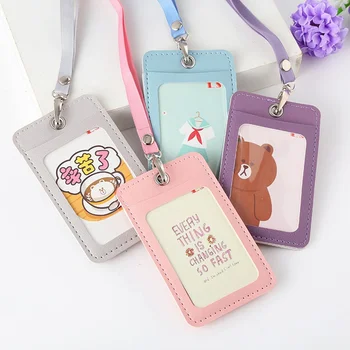 

Women Cartoon Candy Leather Card Holder Students Bus Card Case Lanyard Girl Cute Rabbit Door Work Identity Badge 2 Cards Cover