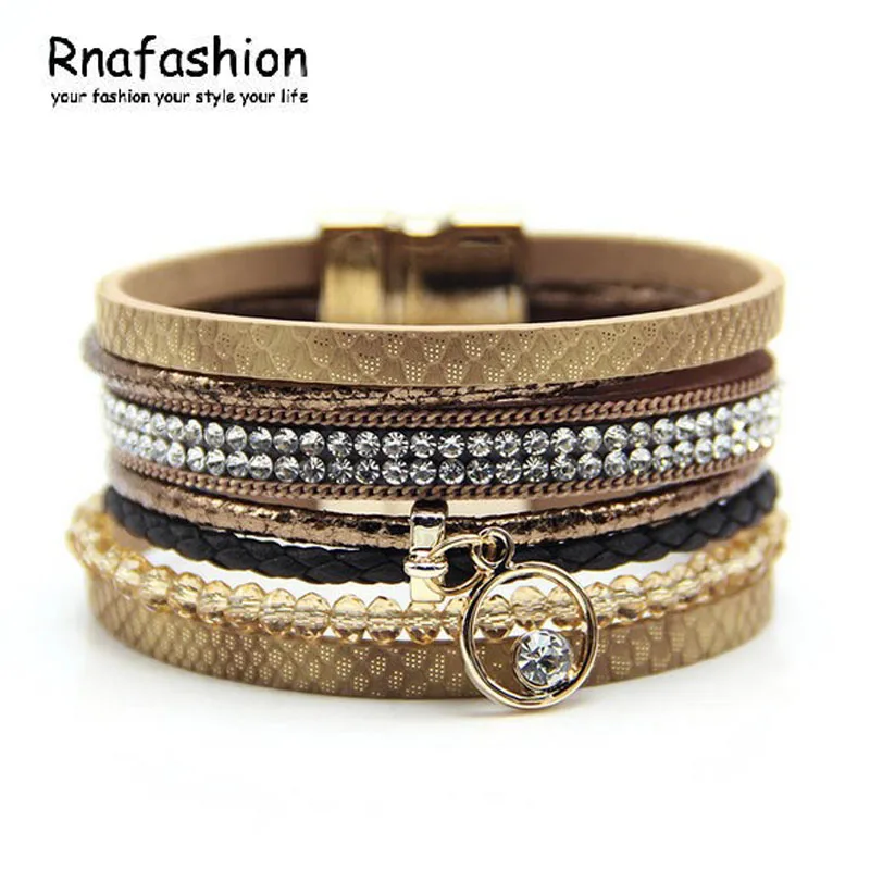 

RNAFASHION 2018New Leather Bracelet Rhinestone Crystal Bracelet Wrap Multilayer Bracelets for Women Feminino Pulseras Mulher