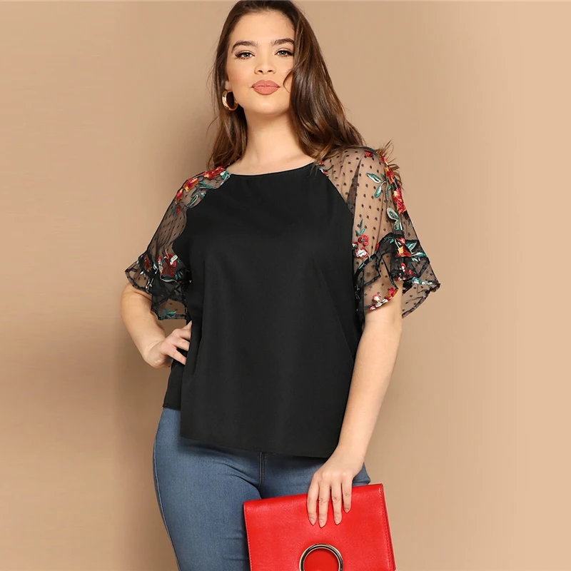 Sheinside плюс размер вышитая сетчатая блузка с рукавами женская летняя контрастная блузка с рукавом в горошек Женская Топ с рукавом реглан