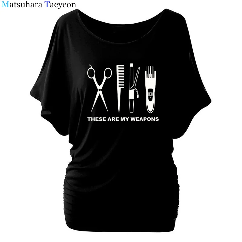 Skup Fryzjer T Shirt kobiety rękaw w kształcie skrzydła nietoperza O Neck bawełna fryzjer broń T shirt dziewczyny kobieta nożyczki odzież topy odzież T90