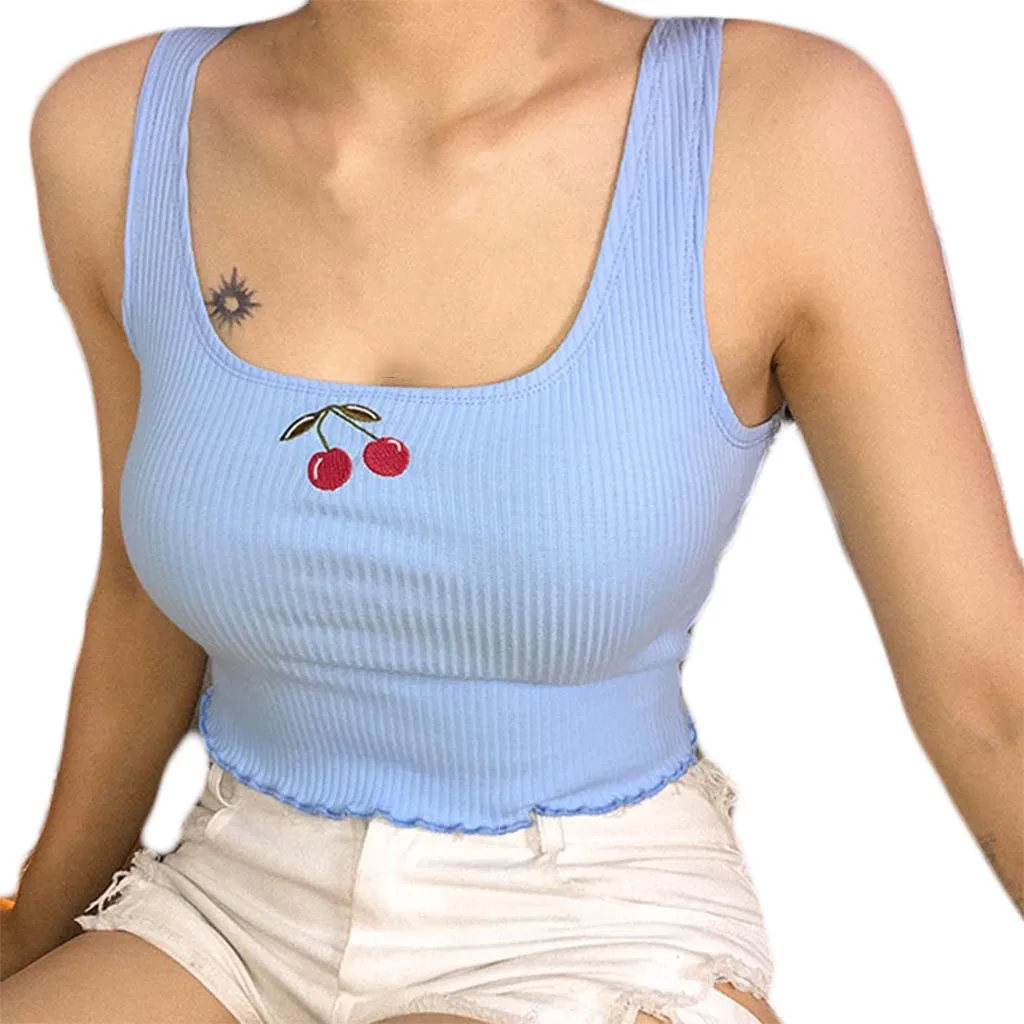 

2019 Summer Modern Lady Sleeveless Cherry Print Camis Crop Casual Tank Top Slim Fit Body Tank Tops Camis for Women
