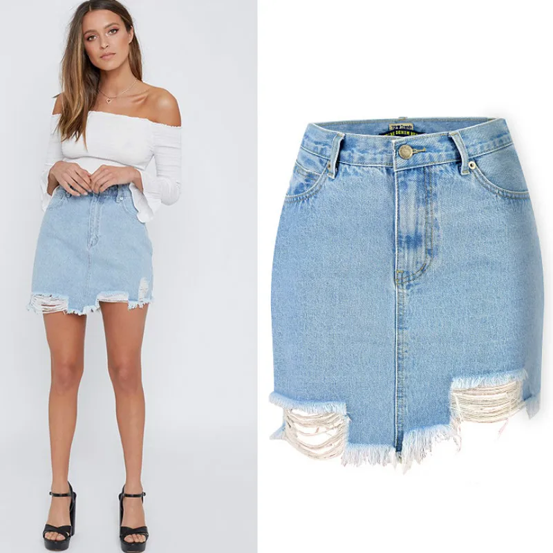 High Waist Fashion Jeans Skirts Women Summer Hole Ripped Denim Straight ...