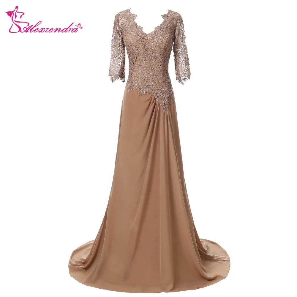 

Alexzendra Dark Champagne Chiffon A Line Mother of Bride Dress with Short Sleeves Double V Neck Long Evening Gowns