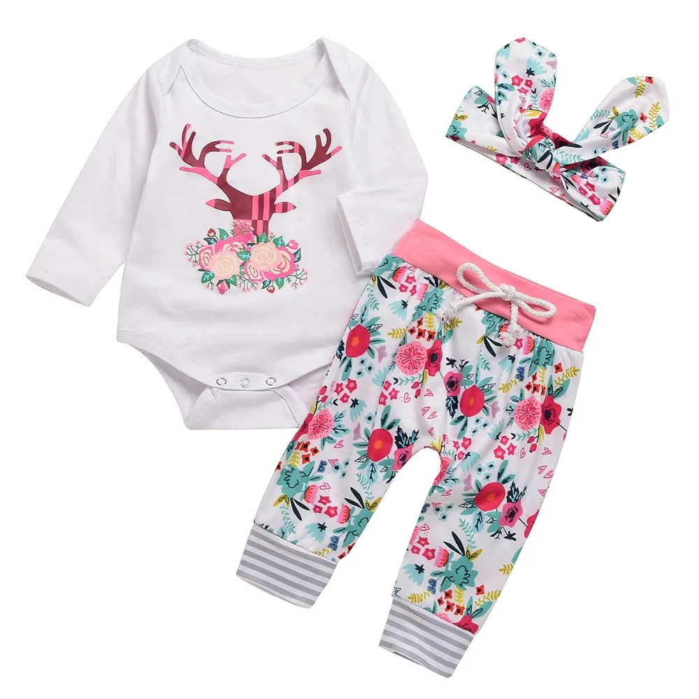 

Puseky Newborn Baby Girls Christmas Outfits Set Antler Printing Romper Floral Pants Bow Knot Headband Toddler Kids Xmas Clothes