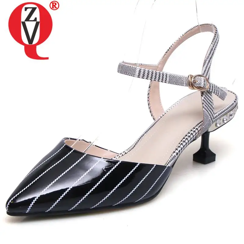 

ZVQ office lady patent leather stripe pattern woman sandals summer fashion pointed toe black white med thin heels work shoes