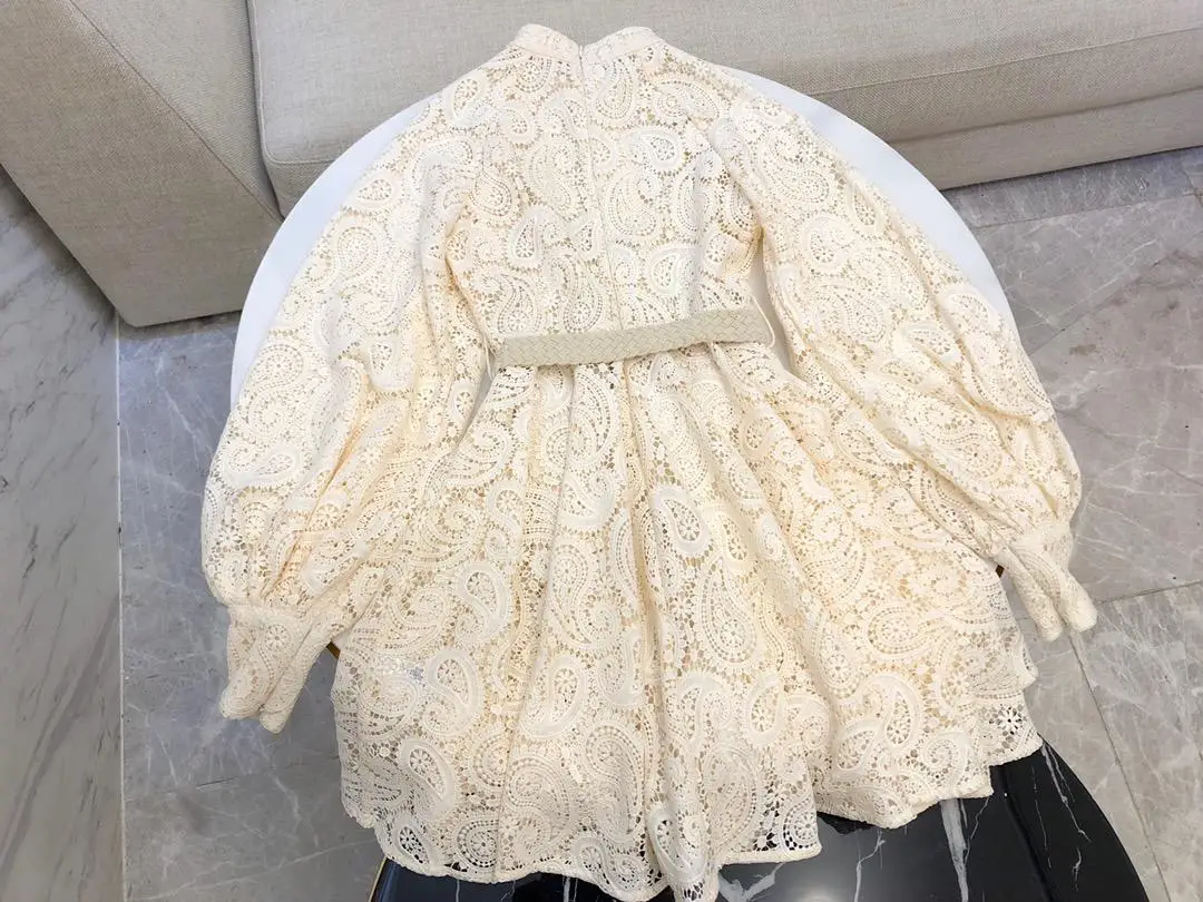 new ladies fashion water soluble lace hollow waist puff sleeve stand collar long sleeve short dress 0624