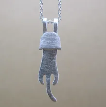 Solid 925 sterling silver climbing lucky cat pendant necklace vintage handmade plain kitten cat jewelry for