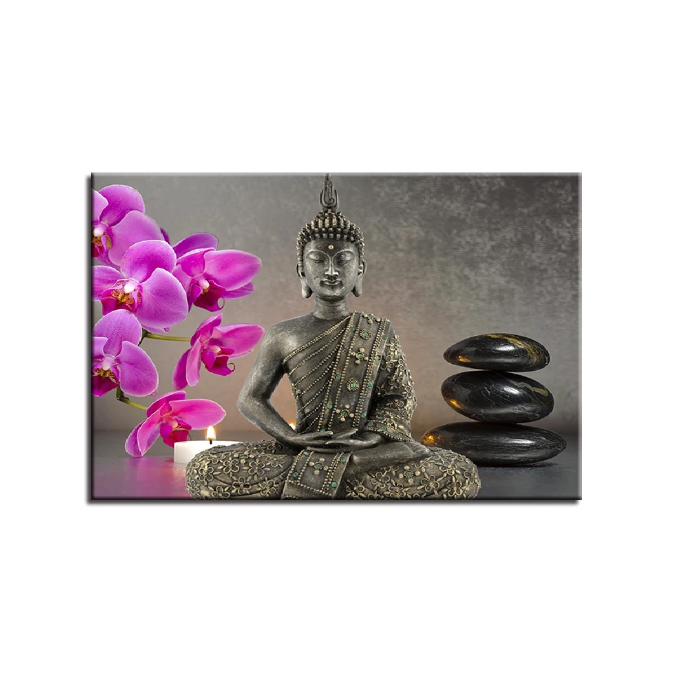 Leinwand Gemälde Home Decor HD Drucke Buddha Statue Bilder 1 Stück pcs Orchidee Kerzen Stones