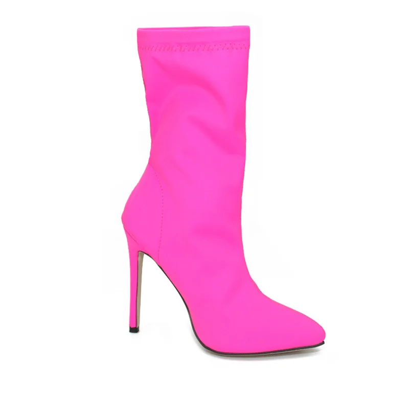 

Stretch Stiletto Heels Ankle Boots Scarpins Prom Spring Shoes Candy Women Pointed Toe 11cm High Heels Fetish Silk Sock Boots