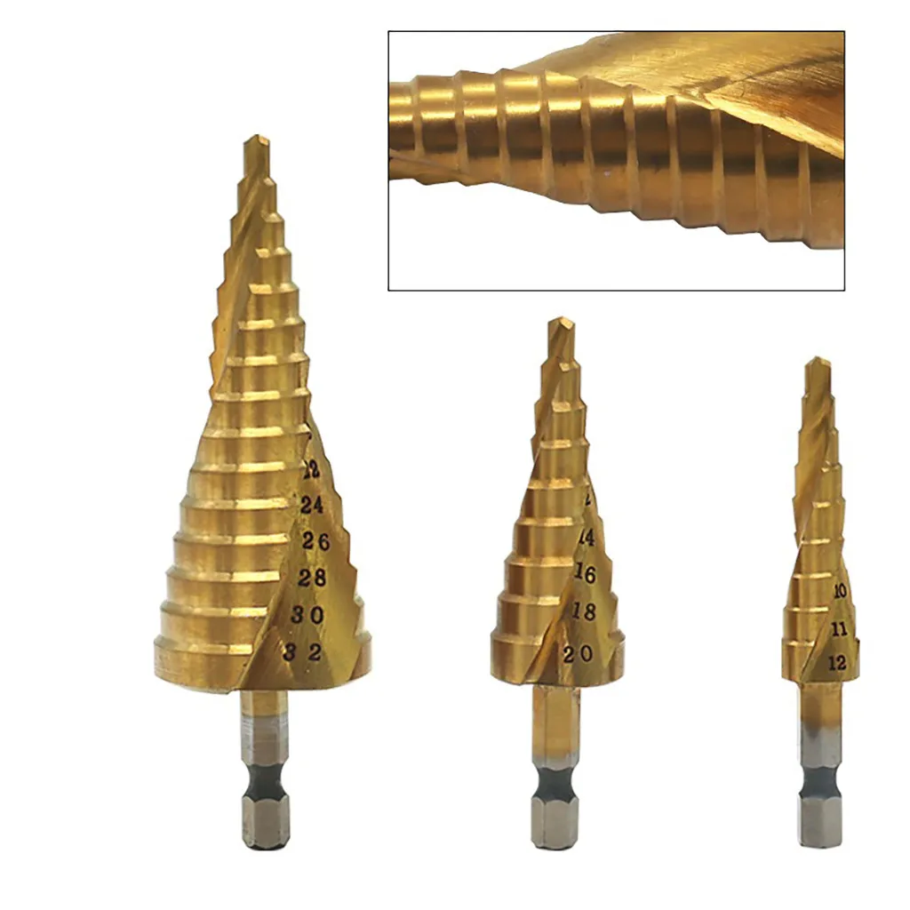 

3PCS Metal Drill 4-12/20/32mm Step Drill Bit Spiral Flute HSS Steel Cone Titanium Coated Mini Drill Bit Tool Set Hole Cutter