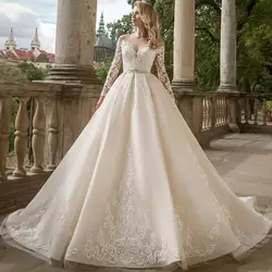 2019 халат De Mariage белое/бальное платье цвета слоновой кости с длинными рукавами свадебное платье аппликация бисером жесткая атласная юбка