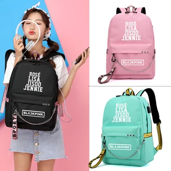 

2019 Fashion Kpop BLACKPINK LISA Backpack Women Korea Student Teenage Girls Boys Backpack Large Nylon Chain Back Pack USB Bag