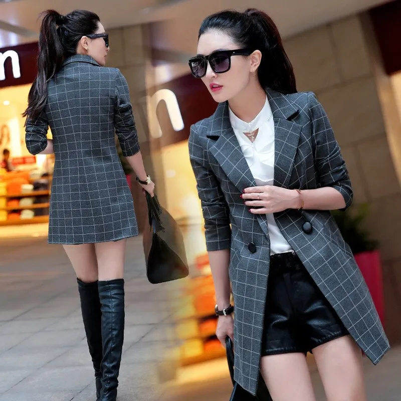 

2018 Autumn New Women Long Plaid Blazers Fashion Double Breasted Work Blazer Ladies Casual Long Sleeve Plus Size Coat