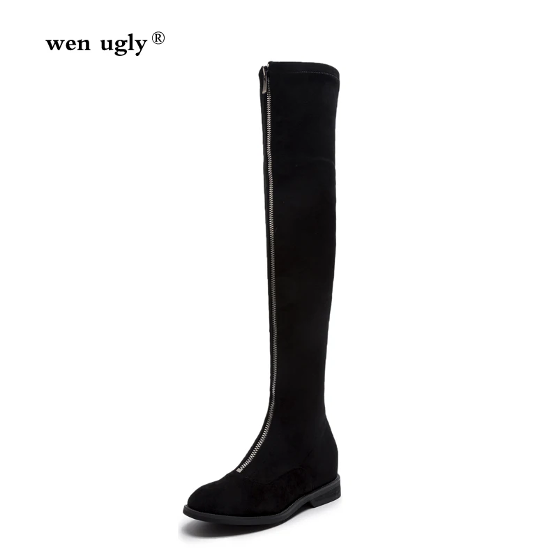 

Black fashion shoes zipper thigh high boots flat winter boots women's elastic over the knee boots 2019 new large size 35-43