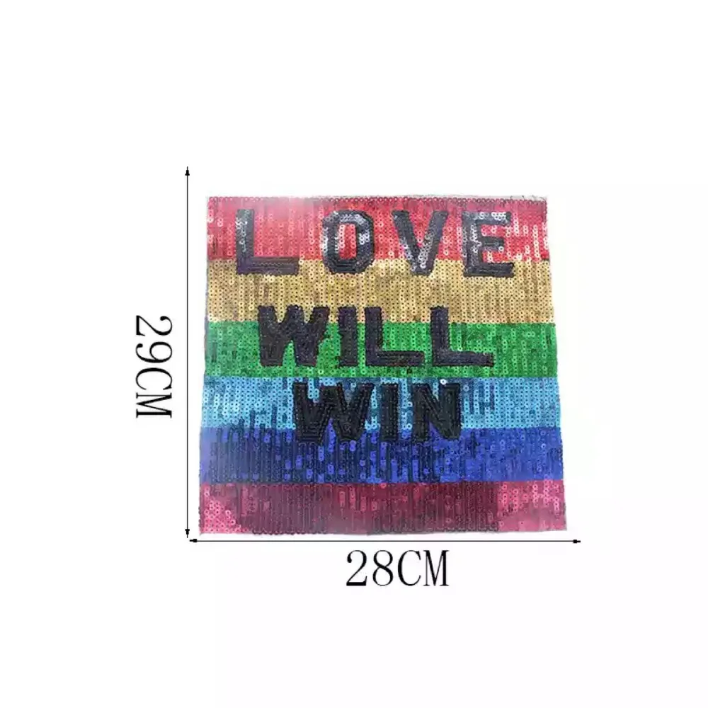

Square LOVE WILL WIN Beading Sequined Patch Big Motif Applique Letter Iron on Patches for Clothing Accessories Sequined Stickers