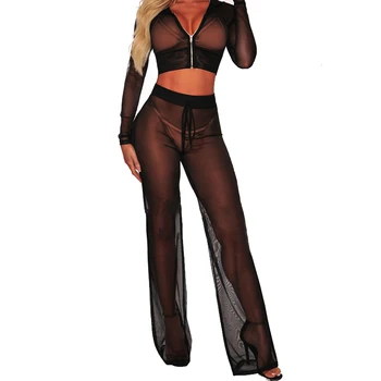 

Sexy See Through Mesh Two Pieces Outfits Long Sleeve Hooded Jacket Wide Leg Pants Sets Sheer Bodycon Two Pieces Sets Tracksuits