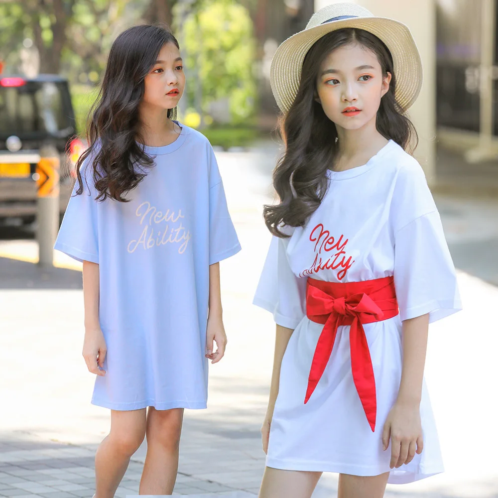 

2019 Summer Girls Belt Letter Printing Princess Dresses O-neck Cotton Ball Gown