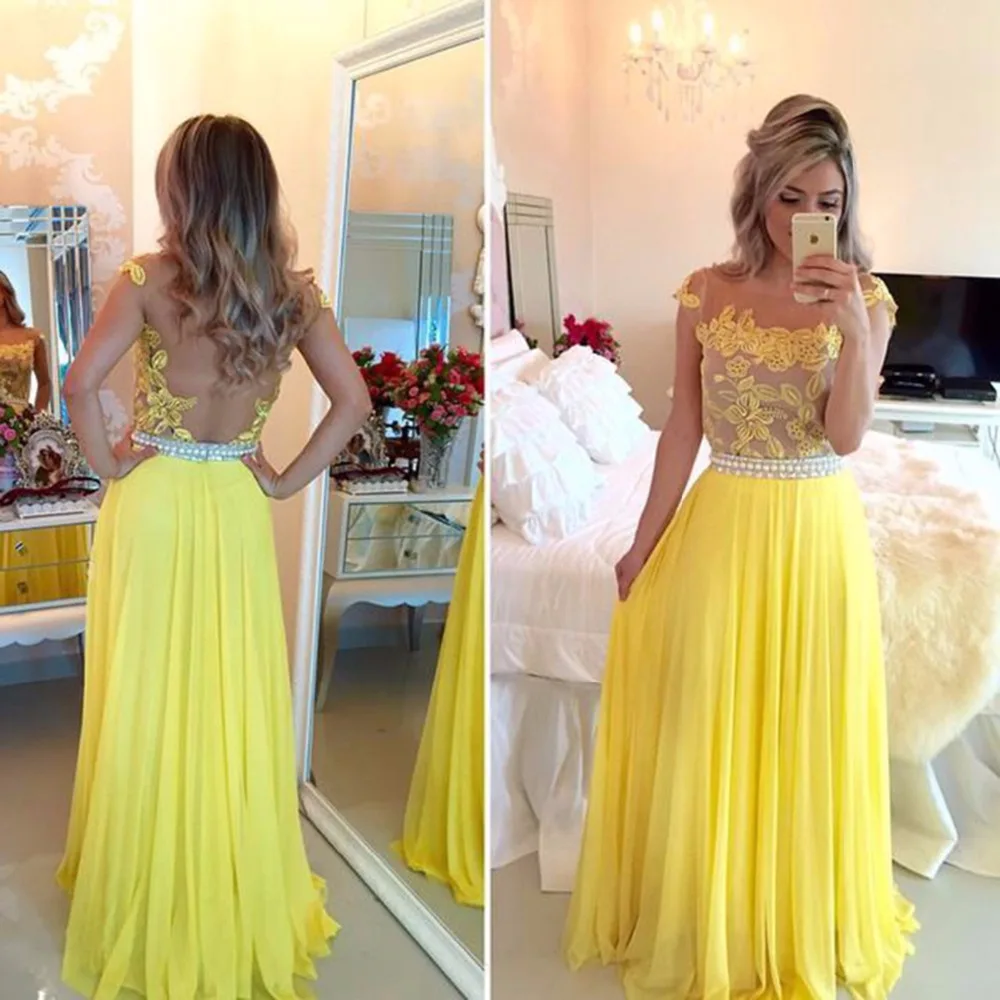 Sexy See Through Yellow Prom Dresses Beaded Pearls Prom Dress Cap