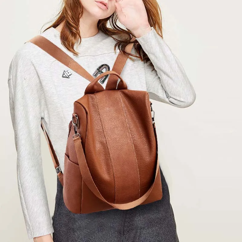 Женский рюкзак из искусственной кожи с защитой от кражи, классический Одноцветный рюкзак на молнии, большая вместительность, модные сумки через плечо, школьный рюкзак с помпонами