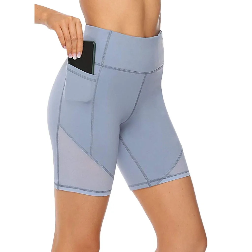 sw Ladies High Waist Yoga Short With Phone Pocket Abdomen Control Training Running Gym Bicycles Fitness Leggings Summer Shorts - Цвет: Blue