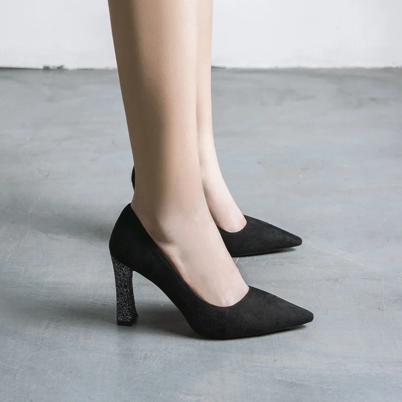 

Spring Trend High Heels Suede Sequins Thick With Sexy Women's Shoes Shallow Mouth Ladies Shoes
