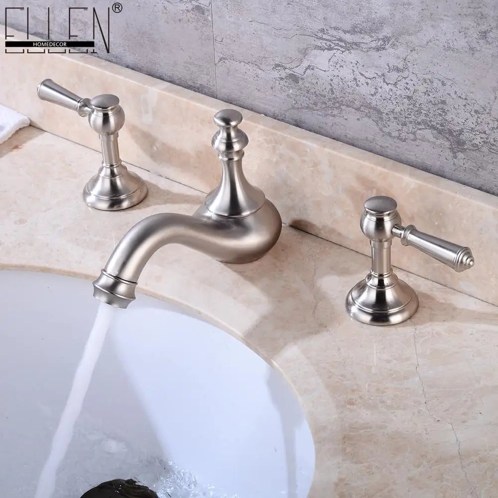 

Widespread Basin Sink 3 hole Faucets Brush Nickel Dual Handle Bathroom Sink Water Mixer Tap ELF511