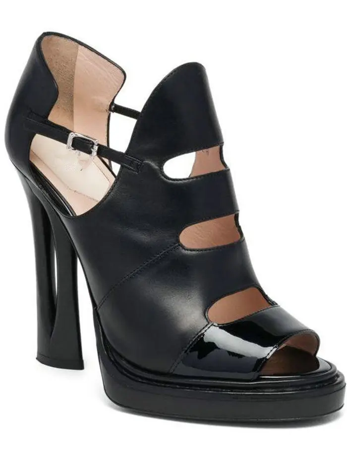 

High quality real genuine leather thick high heel shoes peep toe footwear women 11 cm pumps dress shoes women black white