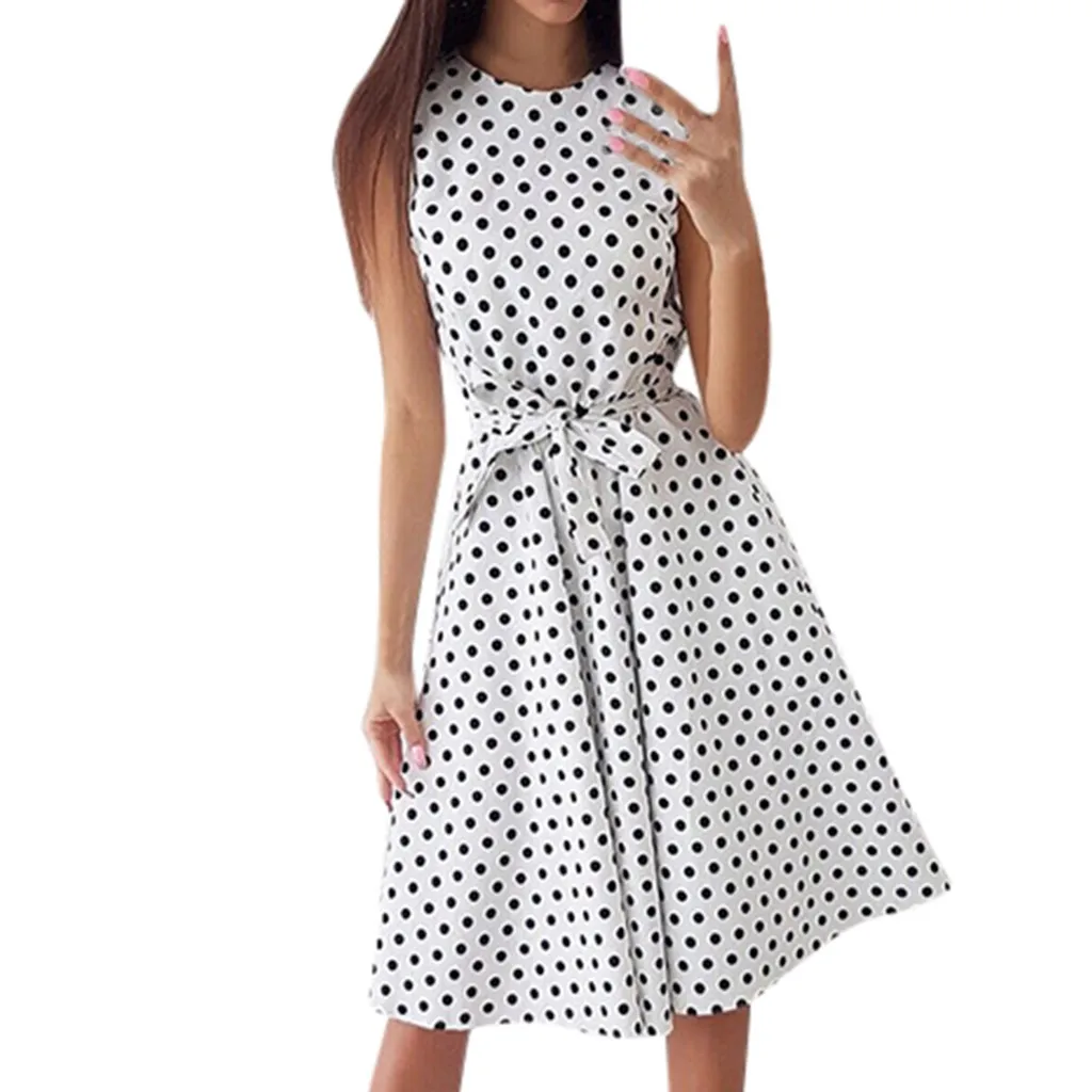 

2019 Spring Summer New Ladys Summer Sleeveless Polka Dot Print Sleeveless Round Collar Lace Up Female Sweet Princess Dress