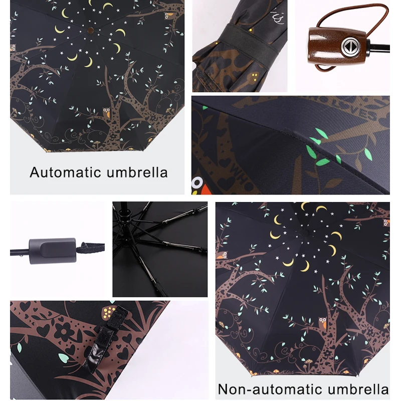 Женские складные автоматические зонты в виде совы, женские пляжные зонты с защитой от УФ-лучей и черным покрытием, детский зонтик от дождя и солнца, автоматический зонт, подарки