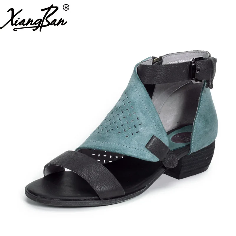 Xiangban Women Roman Sandals Peep Toe Summer Ladies Sandals Low Heel Shoes Hollow Out Genuine Leather