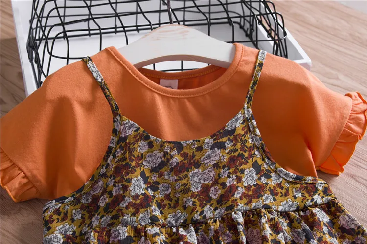 Princess dress Kids Baby Girls clothes set Summer short-sleeved T-shirt + floral halter dress Two piece children's suit (13)