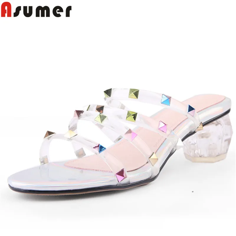 ASUMER/Большие размеры 34-45 летние сандалии для женщин туфли на среднем каблуке женские вечерние туфли смешанные цвета женские босоножки с заклепками