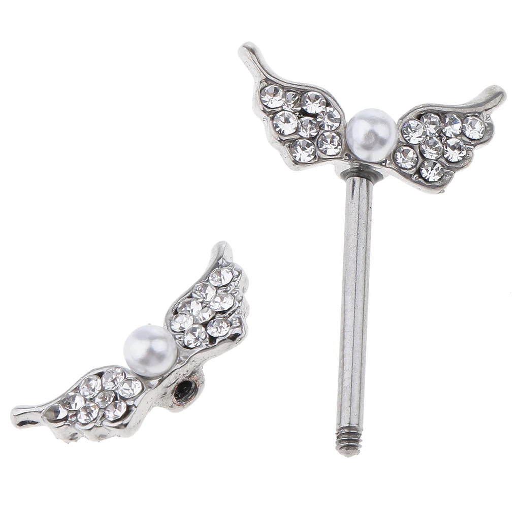 1 Pair Crystal Pearl Beads Angel Wing Shield Barbell Nipple Ring Stainless Steel Body Piercing 14 Gauge