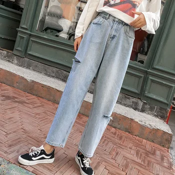 

2018 Loose Pants Jeans Woman Spring Autumn Casual BF Ladies Hole Vintage Blue Denim Harem Pants Female 6139#