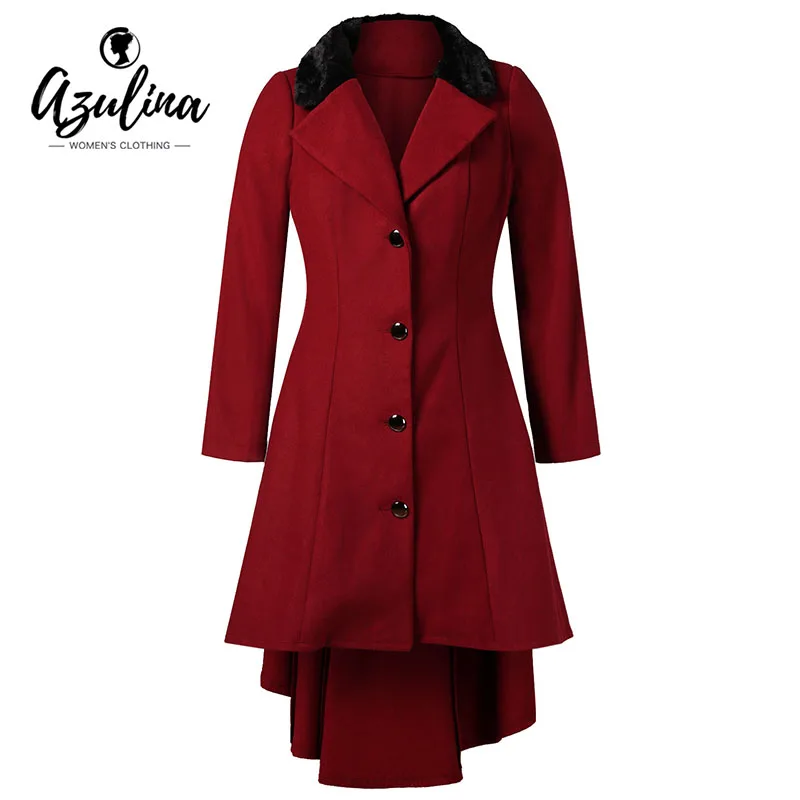 AZULINA Plus Size Fur Collar Buttons High Low Longline Coat Women Lapel Long Sleeve Single Breasted Wool Coats Overcoat Outwear