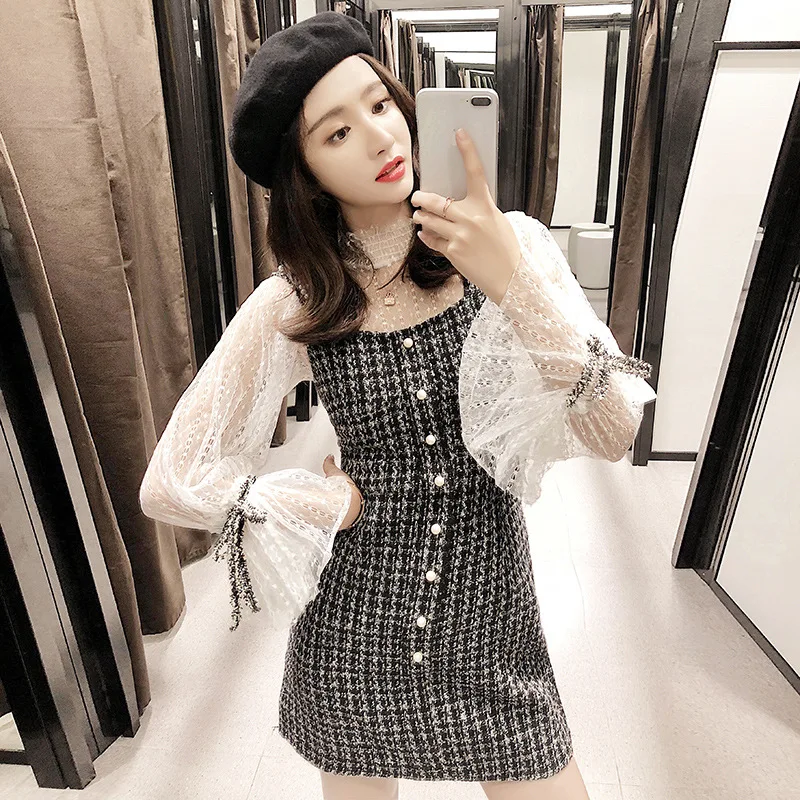 

Women Two Piece Sets Transparent Blouse Spaghetti Strap Mini Dress Elegant Korean Sexy Office Fashion Sweet Clothes 2 pcs Outfit