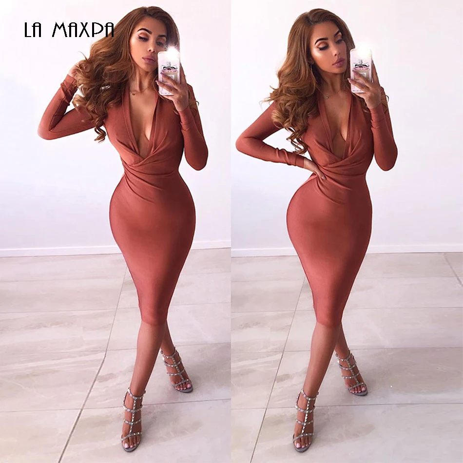 

Sexy Dress Bandage 2019 Winter Fashion Plunging V-Neck Pleated Women'S Long-Sleeved Bandage Dress Tight-Fitting Club Party Dress