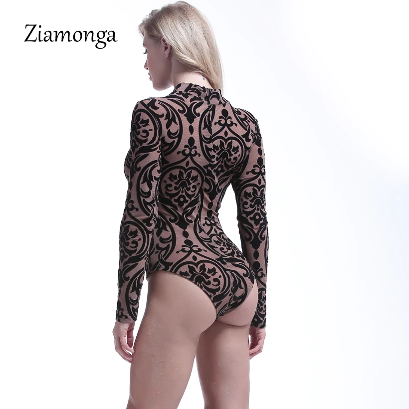 Ziamonga, сетчатый принт, длинный рукав, прозрачный, сексуальный, боди для женщин, спандекс, черный, водолазка, сетка, боди, топ, комбинезоны, комбинезоны