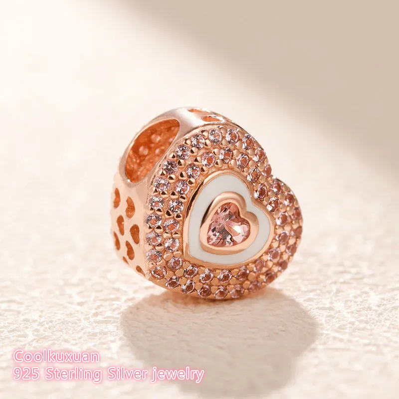 Spring 925 Sterling Silver Hearts on Hearts Charm Rose gold beads Fits Original Pandora bracelets Jewelry Making