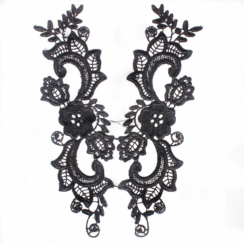 Black A 1 Pair Embroidery Applique Wedding Lace Floral Motif Sewing Trims Decoration 