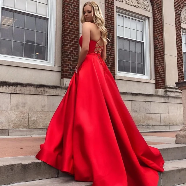 JaneVini 2019 Elegant Red Prom Dresses with Pockets Beaded V Neck
