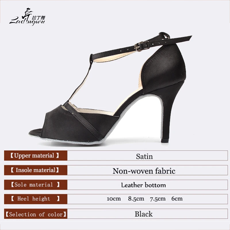  Ladingwu Hot Selling Satin Black Shoes For Women High Heels Spring and Summer Sandals Latin Salsa D