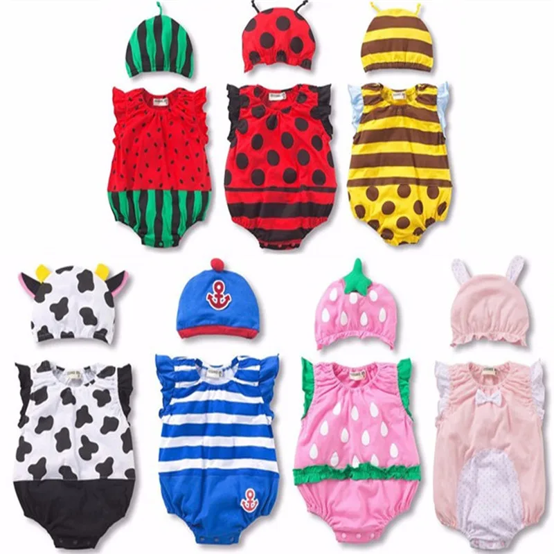Summer Toddler Cute Cartoon Fruit Animal Stylish 2pcs Baby romper+Hat
