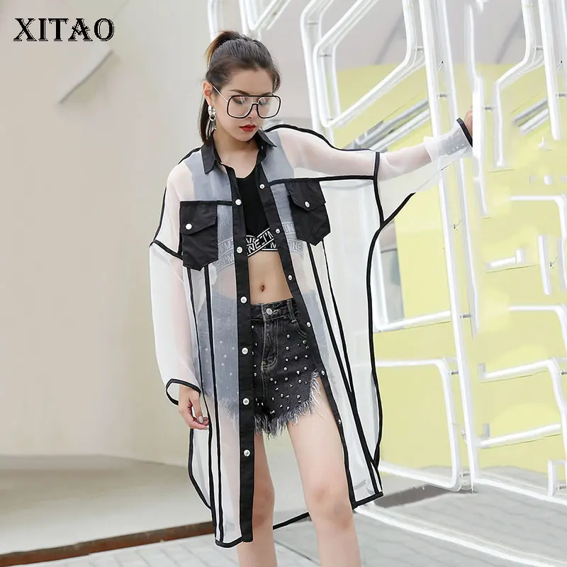  XITAO Mesh Women Long Sleeve Shirts Plus Size Perspective Blouse Korean Clothing Long Patchwork Str