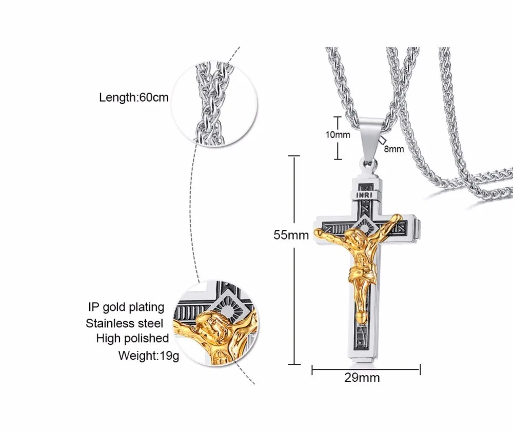 Два тона Иисуса Христа на распятие INRI нержавеющая сталь крест кулон ожерелье для мужчин католические украшения с 24 дюймов