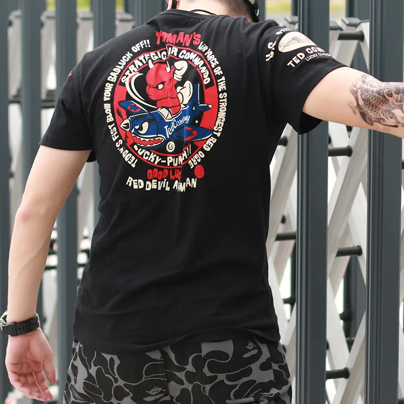 

Men/Women Fashion Vintage Harley Tedman T Shirt Red Devil Airman Good Luck T-shirt Tattoo Blood Message Air Force TEE