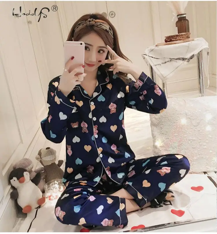 

Long Sleeve Silk Pajamas Winter Women Pajama Sets Satin Pijama Sleepwear Pyjamas Cartoon Bear Stripe Print Pajamas Nightwear Set