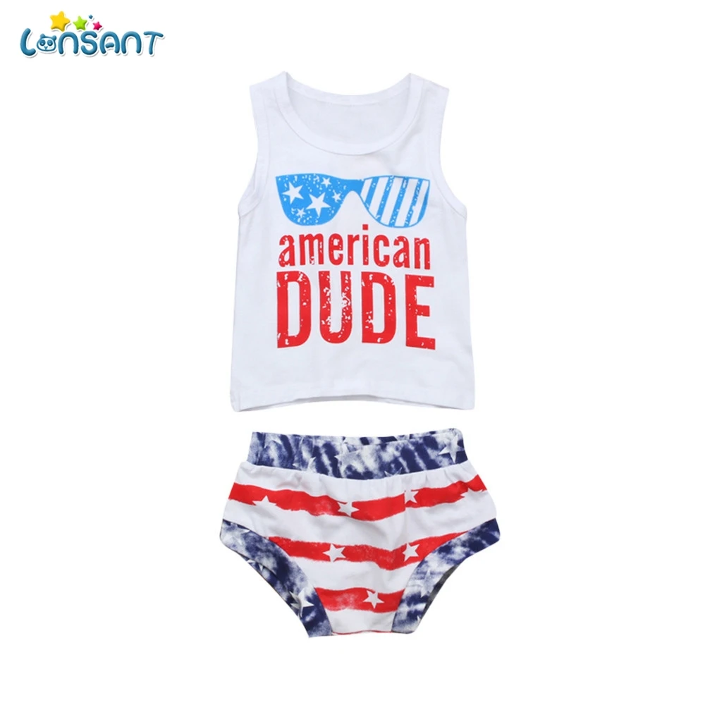 

LONSANT 2018 New Hot Selling Cute Baby Boys Letter Stars Striped Tops Vest White Sleeveless Shorts 4th Of July Outfits Set