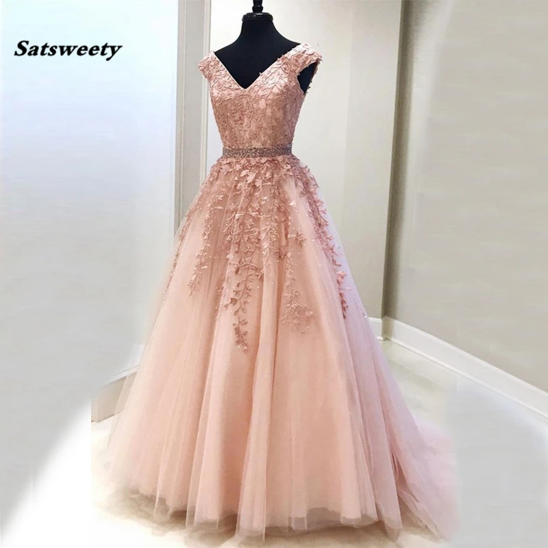 Blush-Pink-Lace-Ball-Gown-Prom-Gowns-V-Neck-Appliques-Tulle-Beading-Floor-Length-Maxi-Dresses